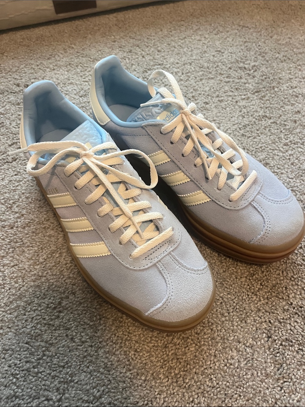 adidas Women’s Gazelle Sneakers in Light Blue and White with Gum Sole